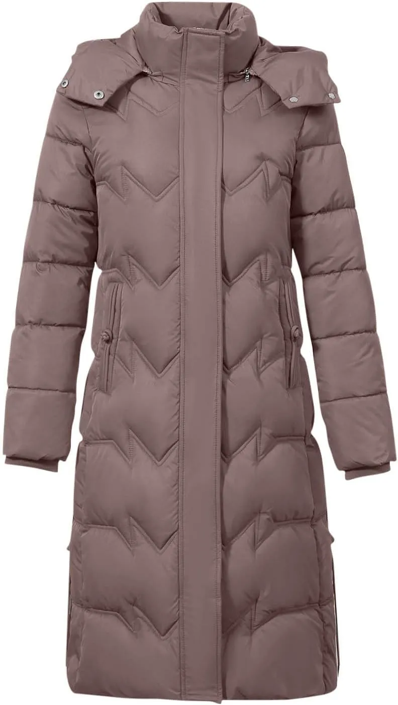 Long Puffer Coats for Women Trendy Maxi Length Quilted Jacket Faux Fur Hood Down Jacket Full Zip Winter Parka Coats
