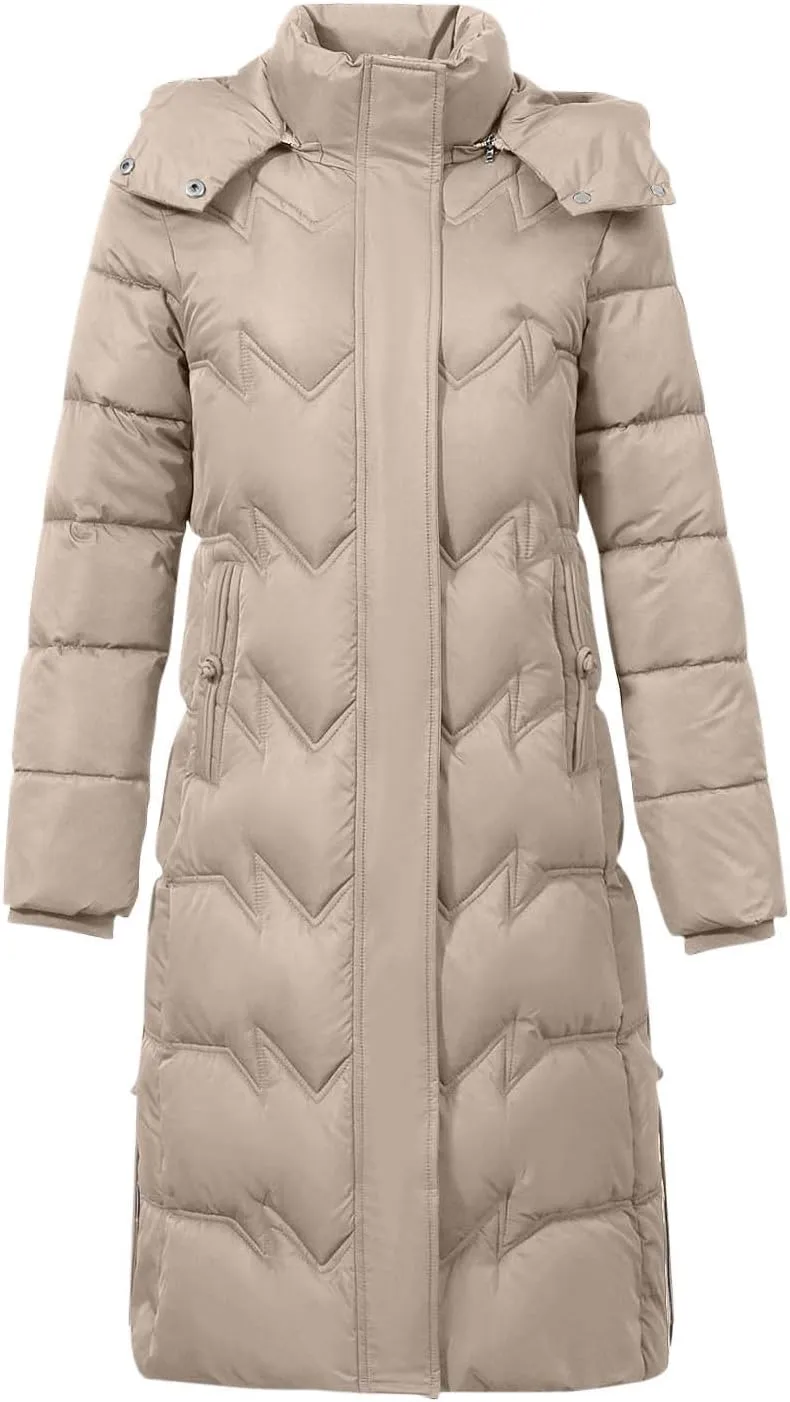 Long Puffer Coats for Women Trendy Maxi Length Quilted Jacket Faux Fur Hood Down Jacket Full Zip Winter Parka Coats