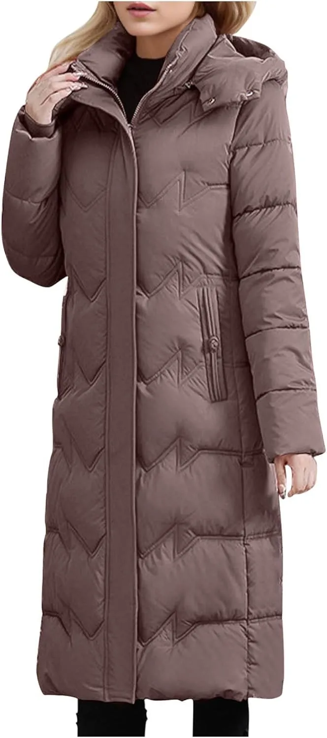 Long Puffer Coats for Women Trendy Maxi Length Quilted Jacket Faux Fur Hood Down Jacket Full Zip Winter Parka Coats