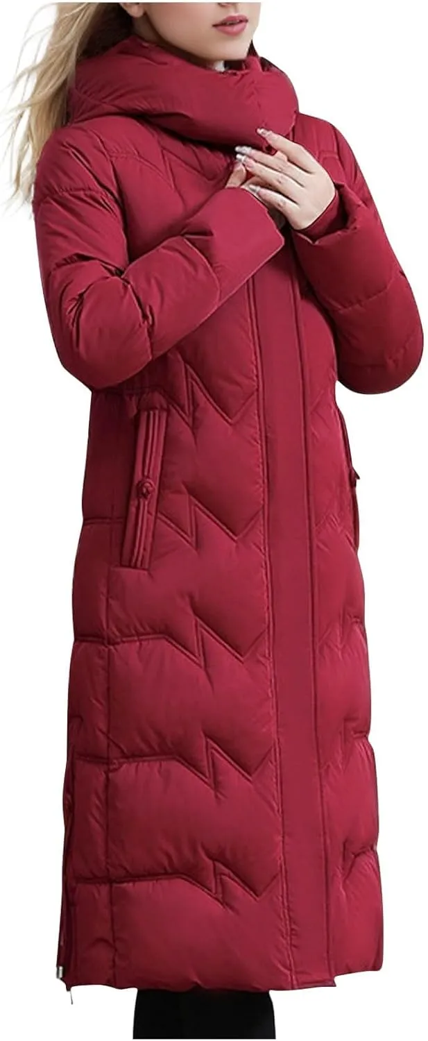 Long Puffer Coats for Women Trendy Maxi Length Quilted Jacket Faux Fur Hood Down Jacket Full Zip Winter Parka Coats