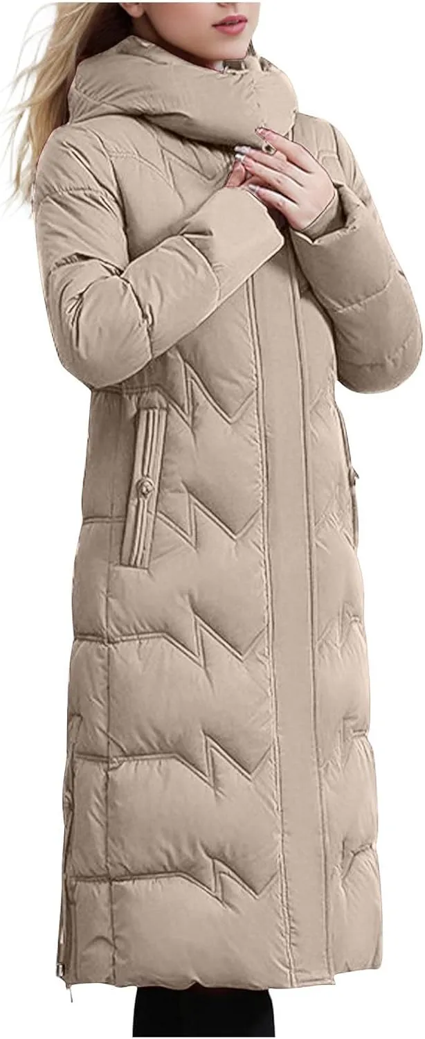 Long Puffer Coats for Women Trendy Maxi Length Quilted Jacket Faux Fur Hood Down Jacket Full Zip Winter Parka Coats