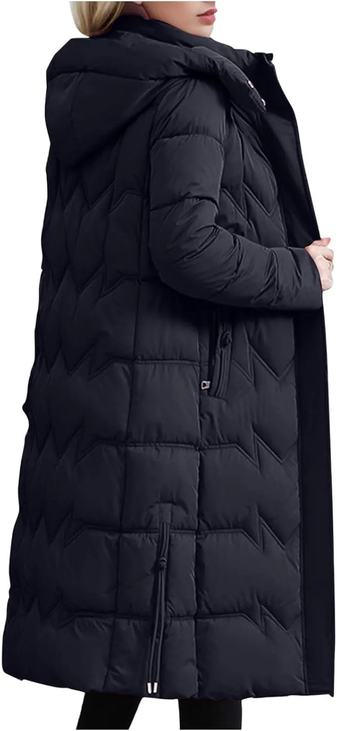 Long Puffer Coats for Women Trendy Maxi Length Quilted Jacket Faux Fur Hood Down Jacket Full Zip Winter Parka Coats