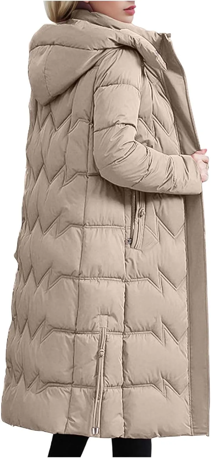 Long Puffer Coats for Women Trendy Maxi Length Quilted Jacket Faux Fur Hood Down Jacket Full Zip Winter Parka Coats