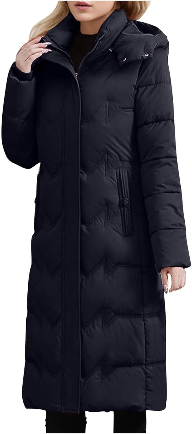 Long Puffer Coats for Women Trendy Maxi Length Quilted Jacket Faux Fur Hood Down Jacket Full Zip Winter Parka Coats