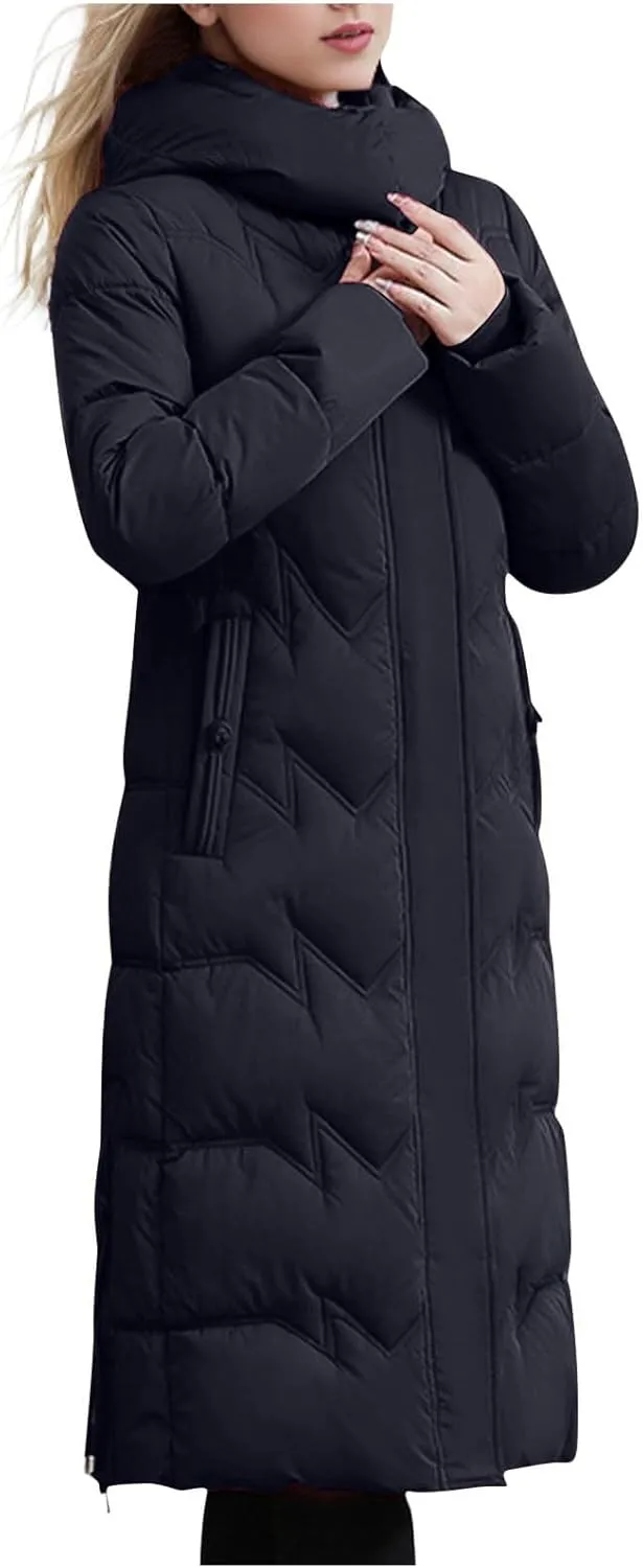 Long Puffer Coats for Women Trendy Maxi Length Quilted Jacket Faux Fur Hood Down Jacket Full Zip Winter Parka Coats