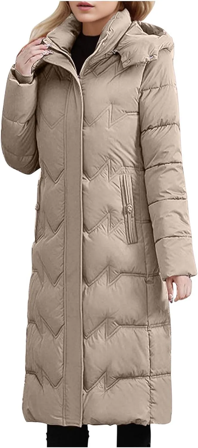 Long Puffer Coats for Women Trendy Maxi Length Quilted Jacket Faux Fur Hood Down Jacket Full Zip Winter Parka Coats