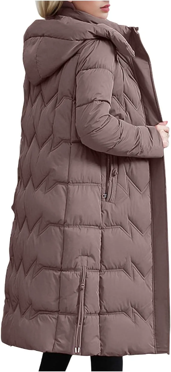 Long Puffer Coats for Women Trendy Maxi Length Quilted Jacket Faux Fur Hood Down Jacket Full Zip Winter Parka Coats