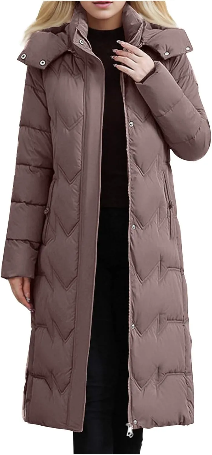 Long Puffer Coats for Women Trendy Maxi Length Quilted Jacket Faux Fur Hood Down Jacket Full Zip Winter Parka Coats