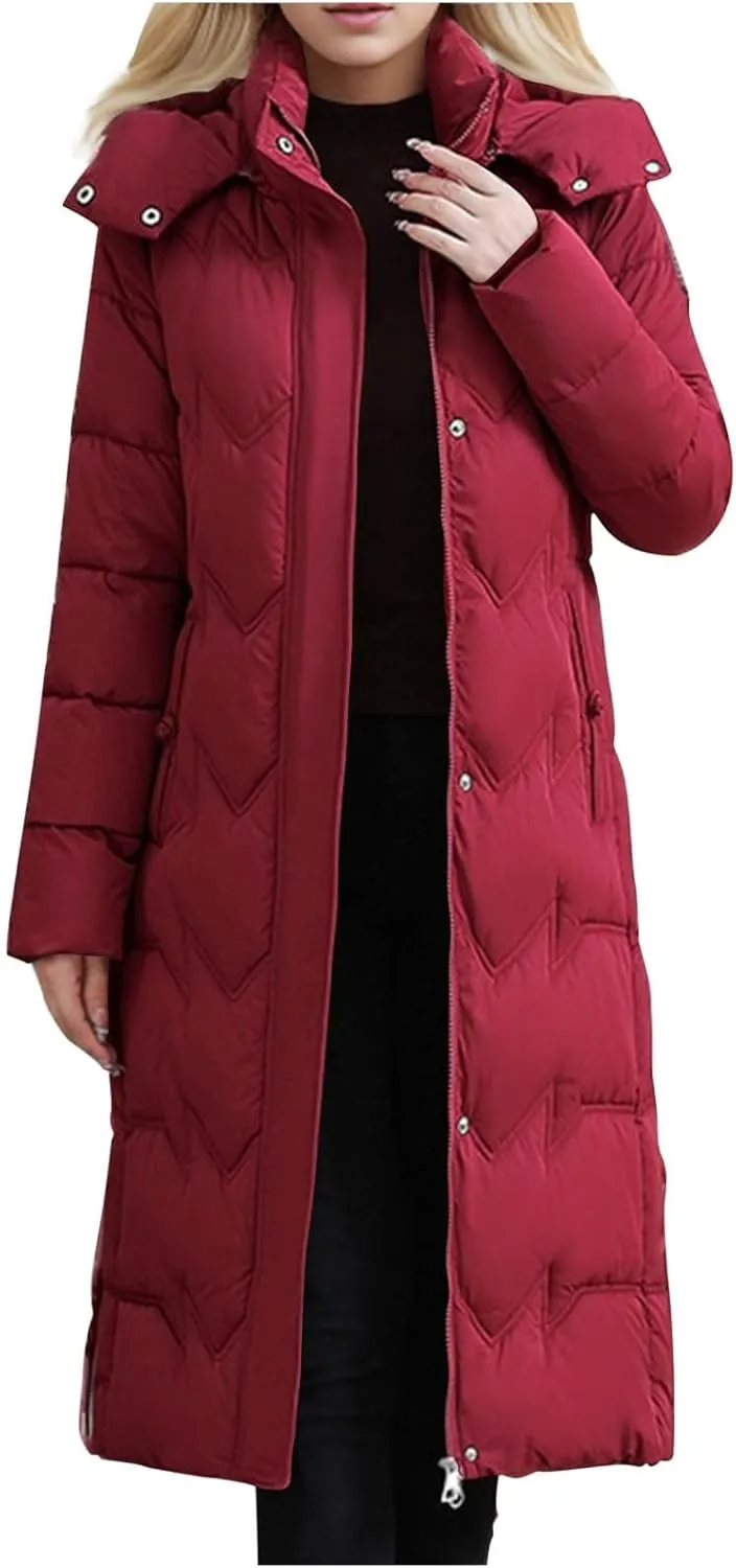 Long Puffer Coats for Women Trendy Maxi Length Quilted Jacket Faux Fur Hood Down Jacket Full Zip Winter Parka Coats