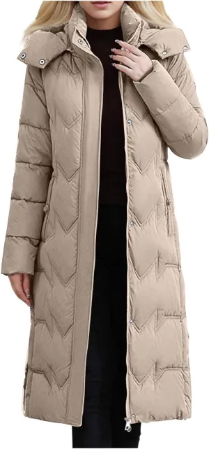 Long Puffer Coats for Women Trendy Maxi Length Quilted Jacket Faux Fur Hood Down Jacket Full Zip Winter Parka Coats