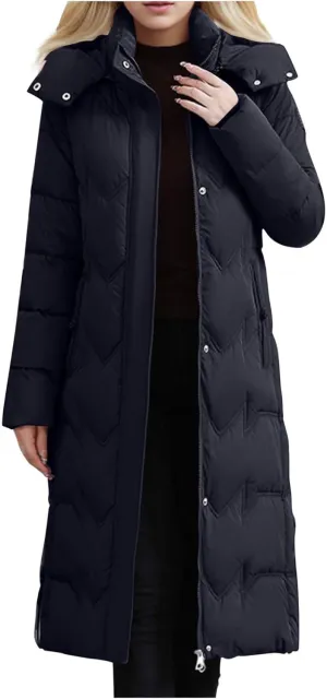 Long Puffer Coats for Women Trendy Maxi Length Quilted Jacket Faux Fur Hood Down Jacket Full Zip Winter Parka Coats