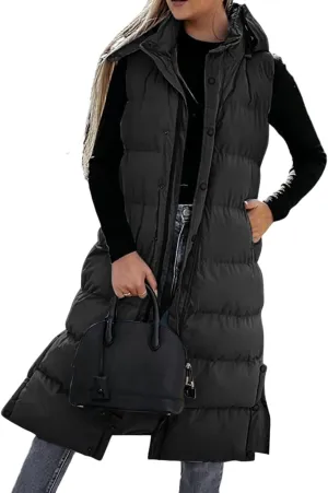 Long Puffer Vest for Women,2023 Winter Warm Puffy Zipper Sleeveless Oversized Fleece Plus Size Down Jacket Coat