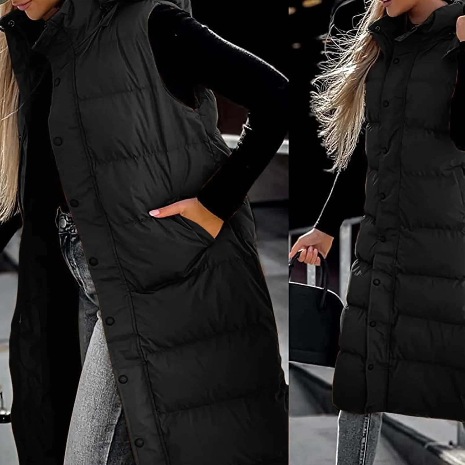 Long Puffer Vest for Women,2023 Winter Warm Puffy Zipper Sleeveless Oversized Fleece Plus Size Down Jacket Coat