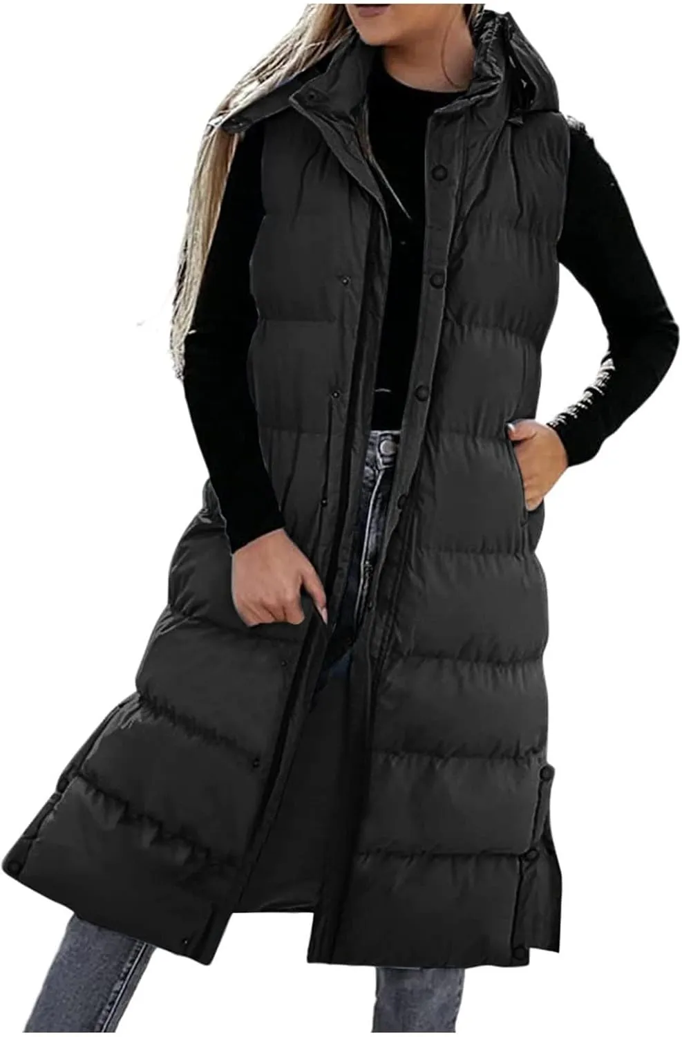 Long Puffer Vest for Women,2023 Winter Warm Puffy Zipper Sleeveless Oversized Fleece Plus Size Down Jacket Coat