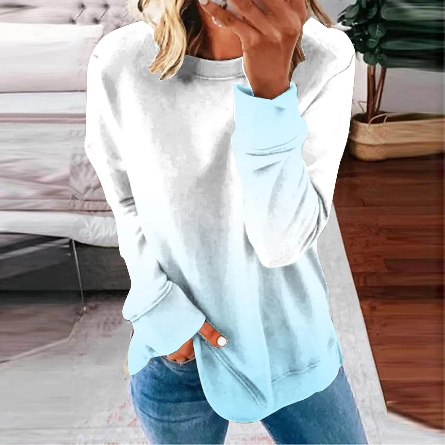 Long Sleeve Shirts for Women 2023 Tie Dye Print Oversized Sweatshirts Side Slit Pullover Tops for Leggings