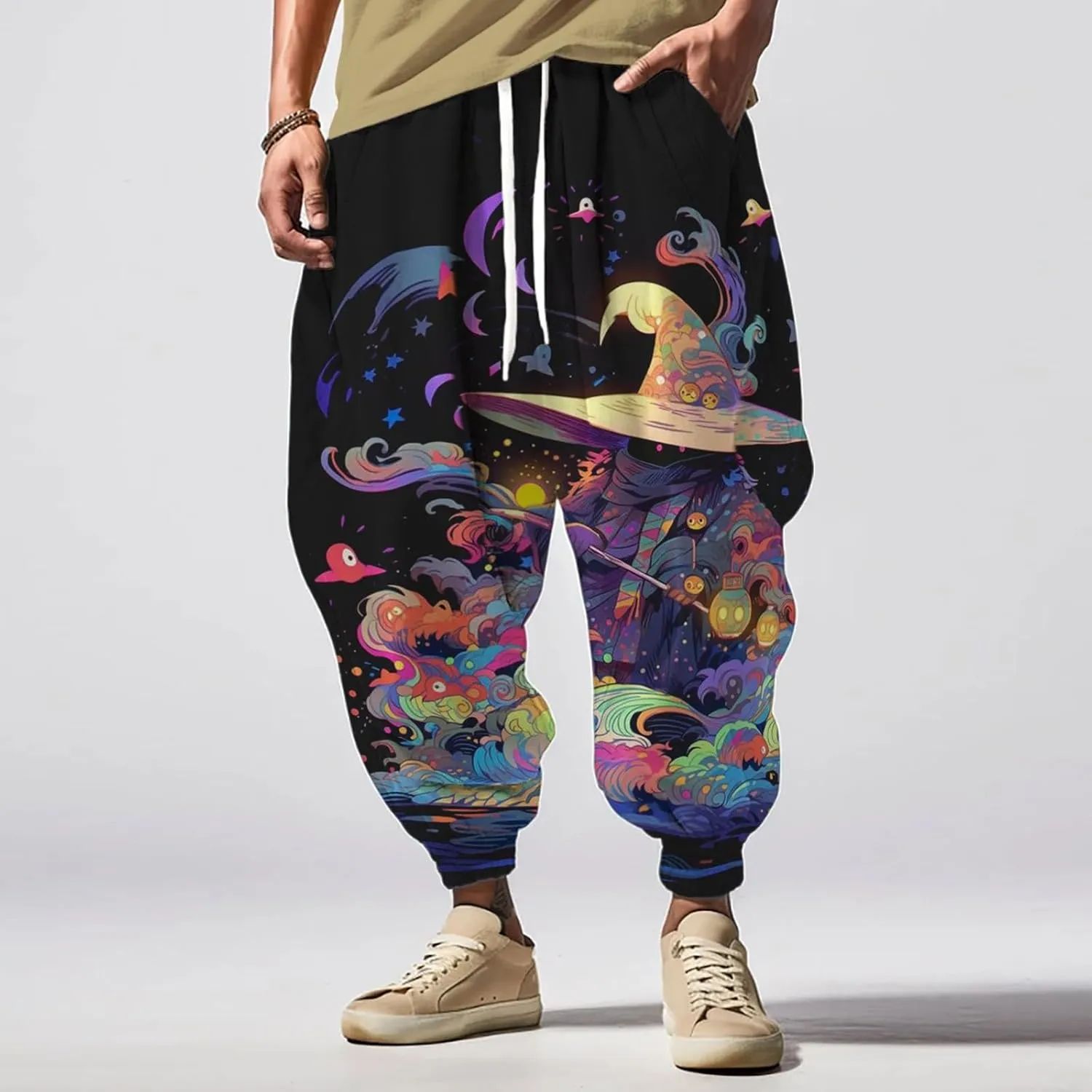 Low Crotch Sweats Fashion Street Feel Casual Sweatpants Drawstring Elastic Waist Boho Hippie Trousers Burning Man