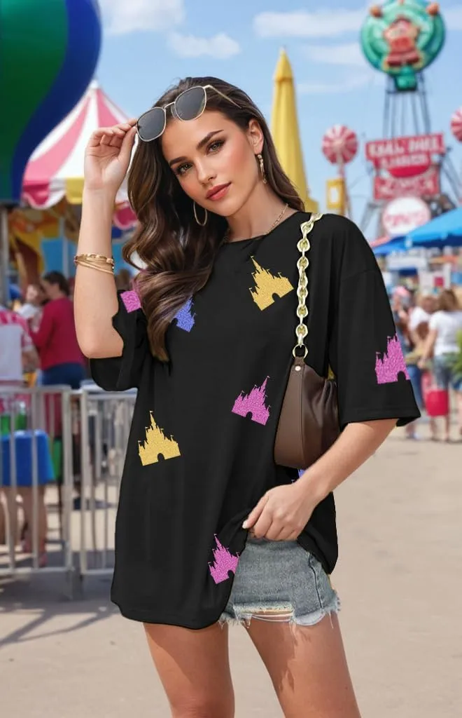 Magic Kingdom Shirts for Women Oversized Sequin Magical Shirt Colorful Castle Graphic Tshirt Summer Vacation Tee Tops