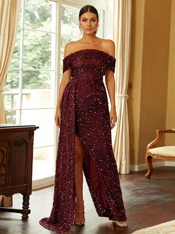 Magnificent Love Wine Red Sequin Strapless Maxi Dress
