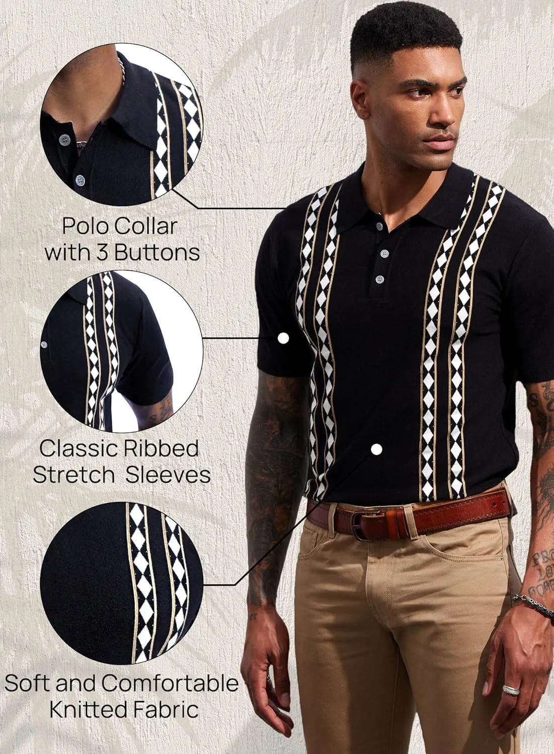 Mainfini Men's Vintage Knit Polo Shirt Casual Button Shirt (S-XXL)