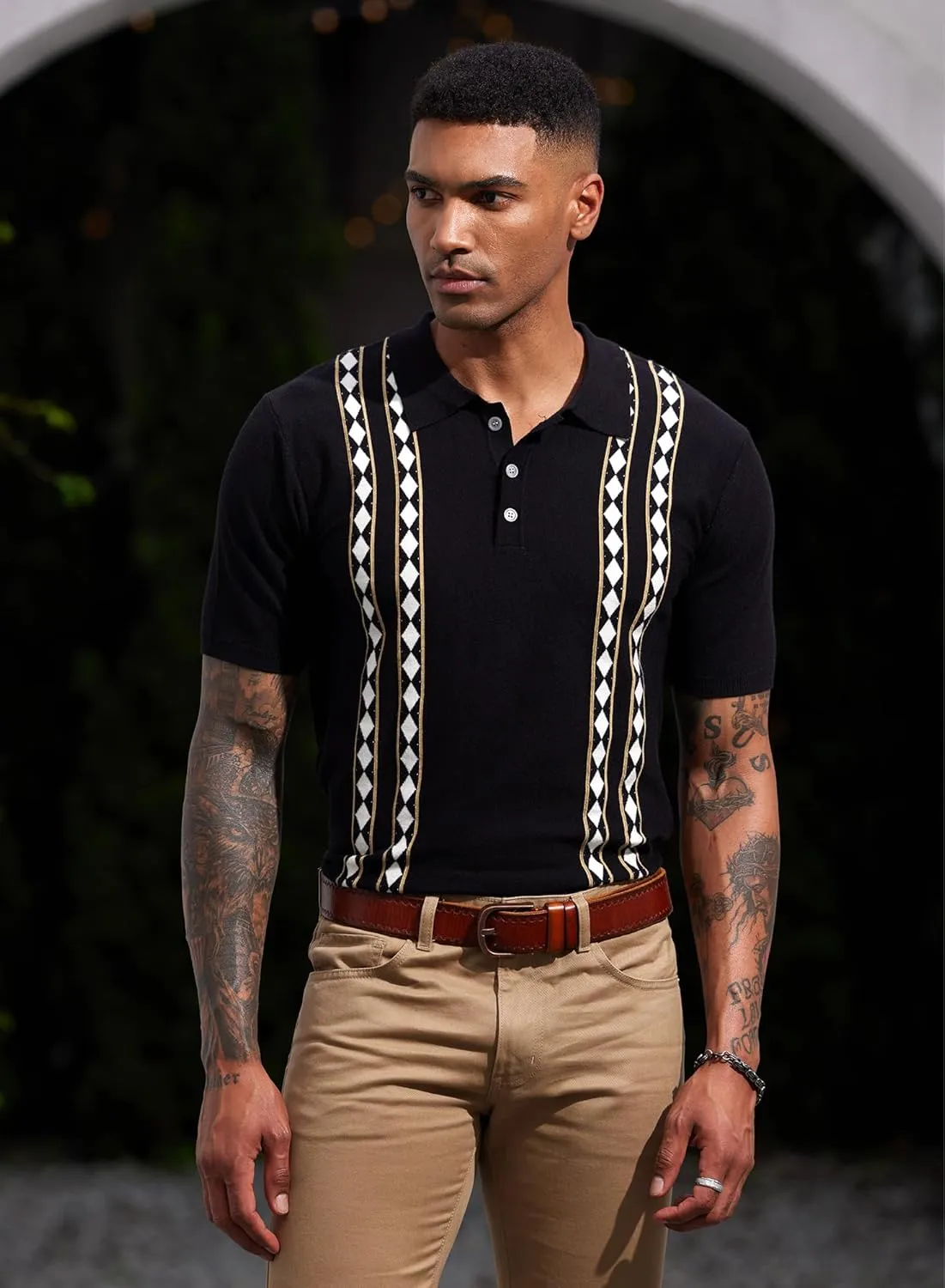 Mainfini Men's Vintage Knit Polo Shirt Casual Button Shirt (S-XXL)