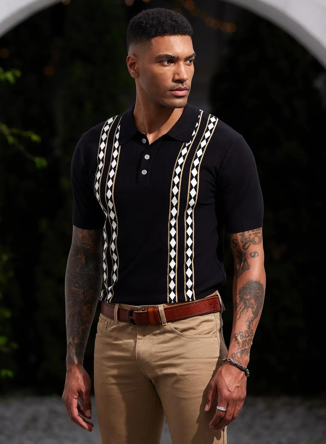 Mainfini Men's Vintage Knit Polo Shirt Casual Button Shirt (S-XXL)