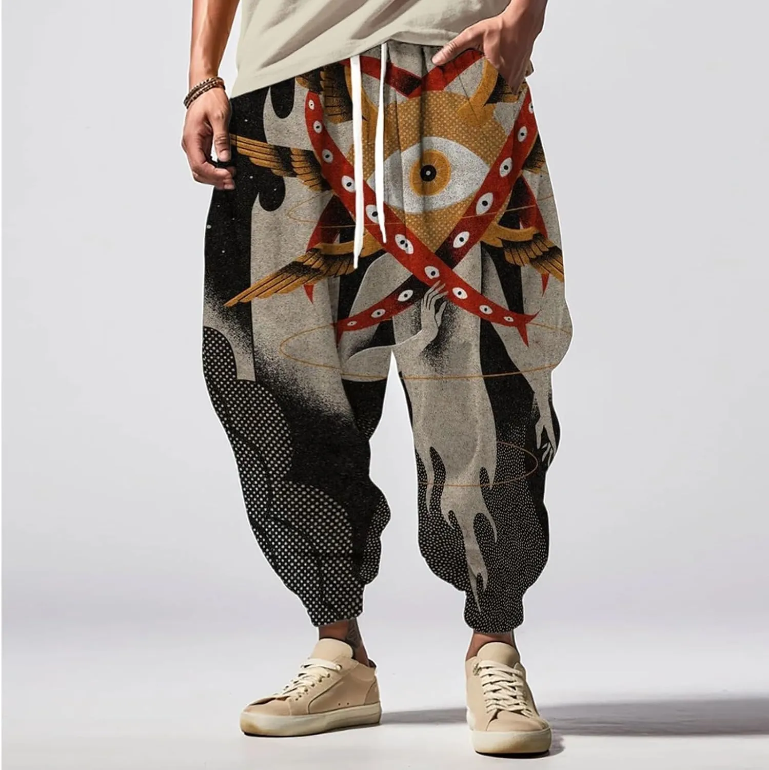 Men Linen Drop Crotch Wide Leg Baggy Harem Pants Sweatpants Mens Drawstring Aladdil Hippie Harem Pants Linen Pants