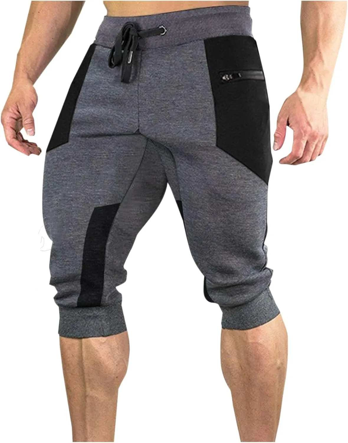 Men's 3/4 Joggers Capri Pants with Zipper Pockets Cotton Casual Below Knee Short Pants Training Running Workout Gym Shorts