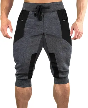 Men's 3/4 Joggers Capri Pants with Zipper Pockets Cotton Casual Below Knee Short Pants Training Running Workout Gym Shorts