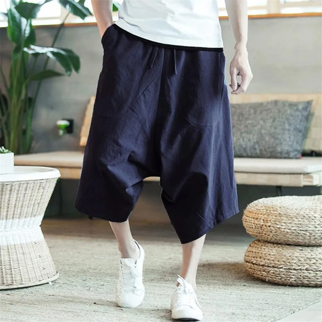 Men's Capri Pants Drop Crotch Baggy Cropped Trousers Harajuku Style Harem Pants Joggers Pants