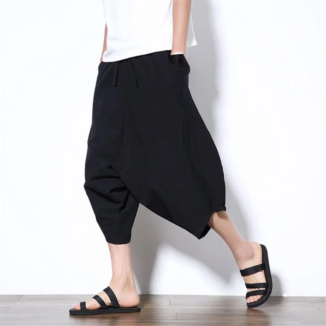 Men's Capri Pants Drop Crotch Baggy Cropped Trousers Harajuku Style Harem Pants Joggers Pants