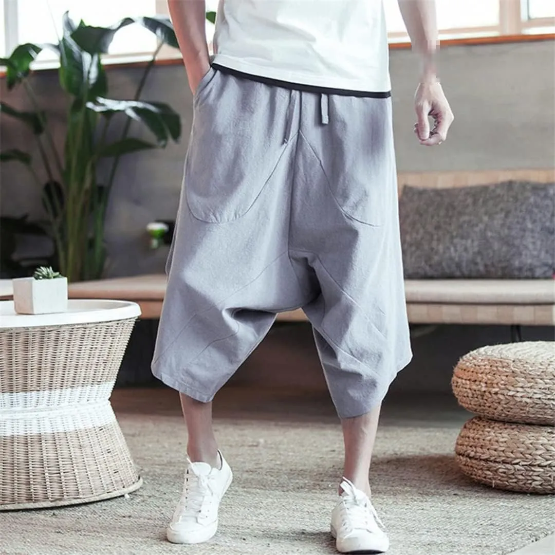 Men's Capri Pants Drop Crotch Baggy Cropped Trousers Harajuku Style Harem Pants Joggers Pants