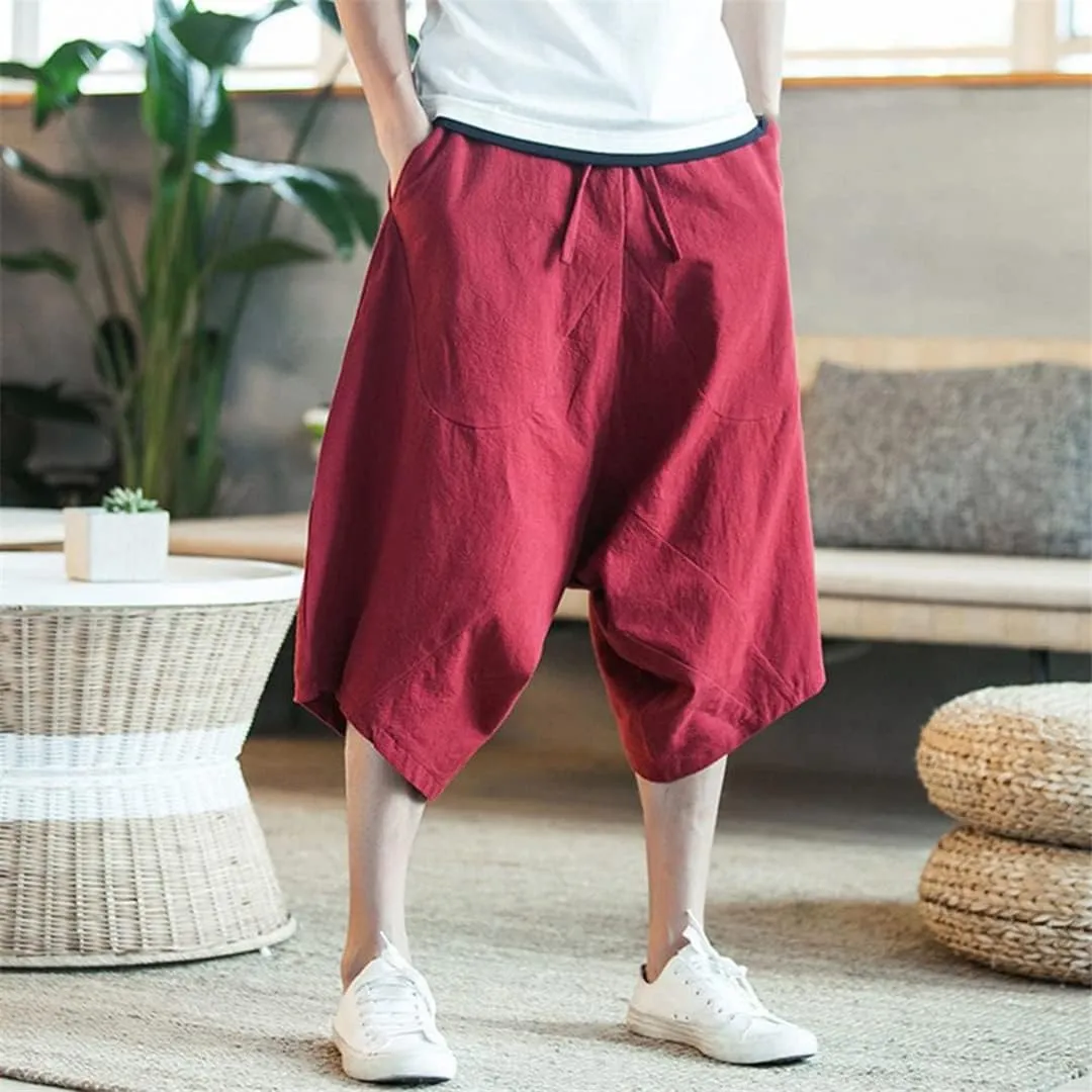 Men's Capri Pants Drop Crotch Baggy Cropped Trousers Harajuku Style Harem Pants Joggers Pants