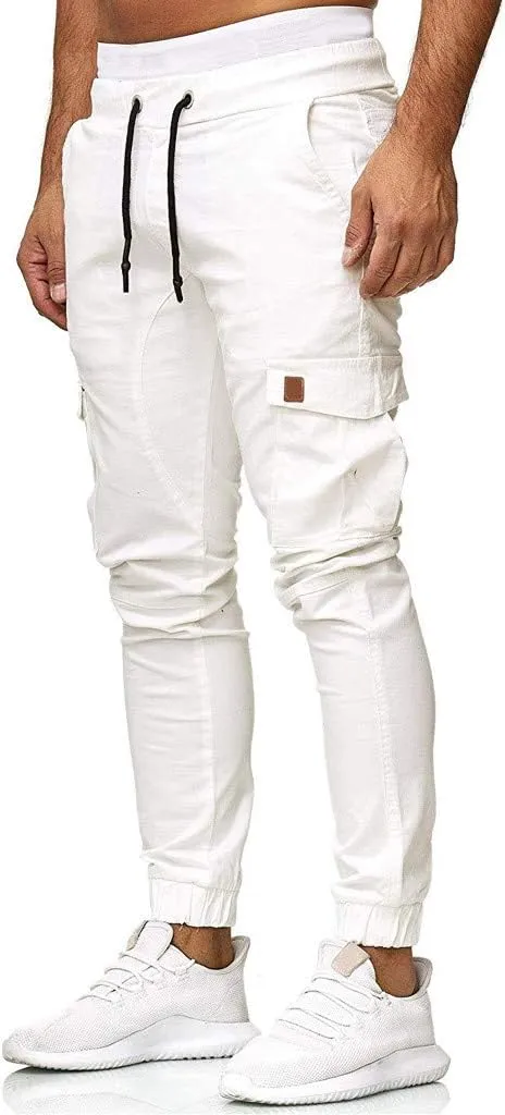 Mens Cargo Sweatpants Joggers Slim Fit Elastic Waist Athletic Pants with Pockets Workout Drawstring Trousers