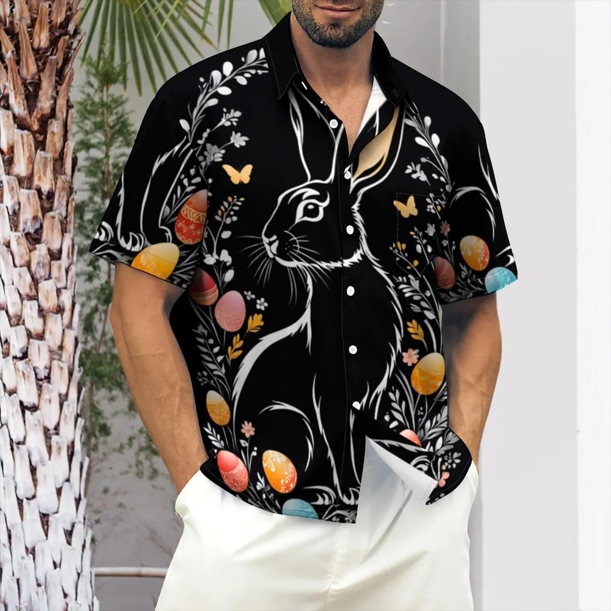 Men's Casual Button Down Shirts Mid Century Geometry Chest Pocket Short Sleeve Hawaiian Shirt