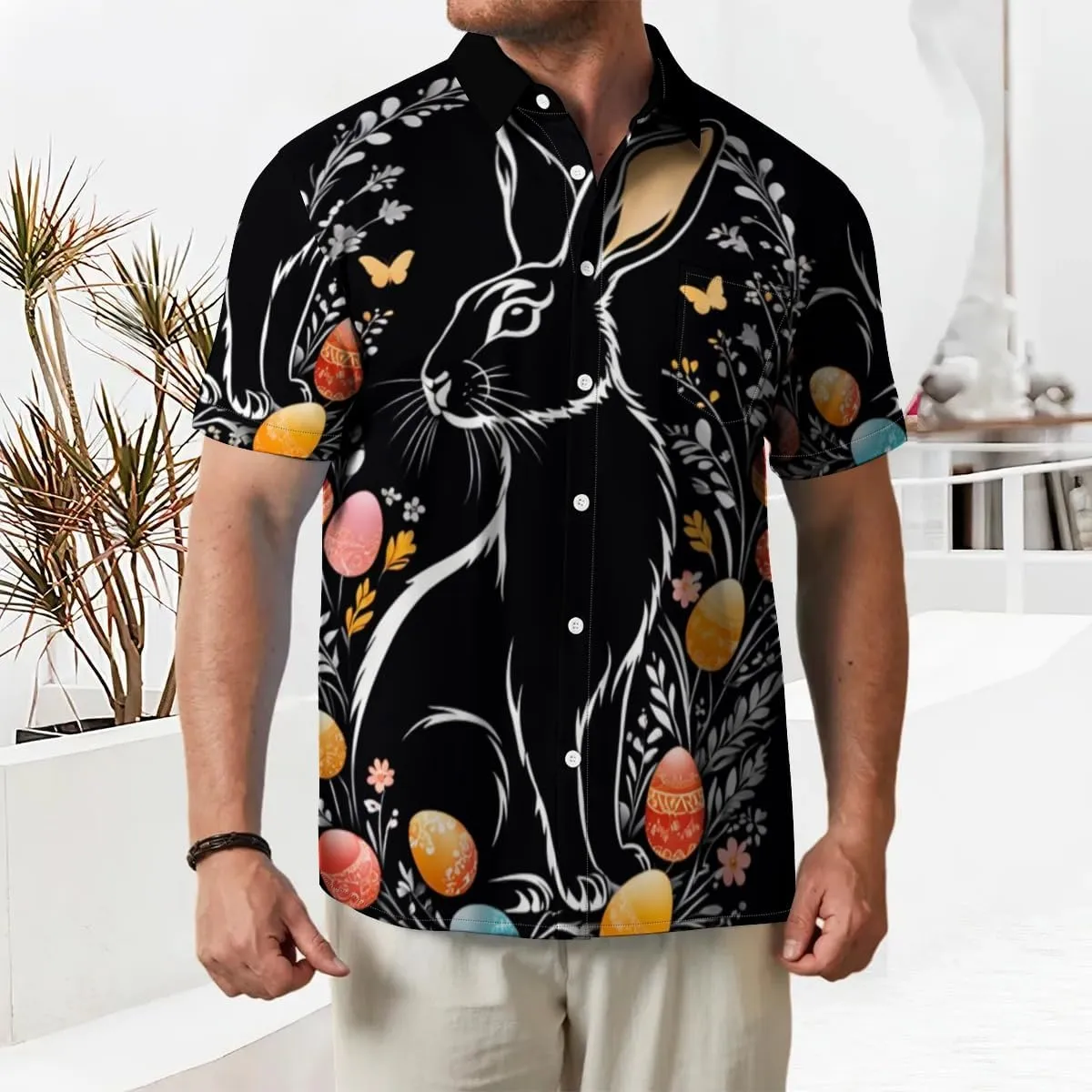 Men's Casual Button Down Shirts Mid Century Geometry Chest Pocket Short Sleeve Hawaiian Shirt