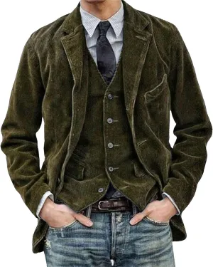 Mens Casual Corduroy Sport Coats Vintage Slim Fit One Button Notch Lapel Blazer Jackets Business Formal Work Jackets