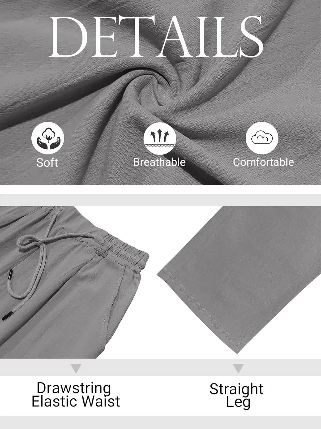 Mens Casual Linen Pants Loose Fit Elastic Drawstring Waist Straight-Legs Summer Yoga Beach Long Pants