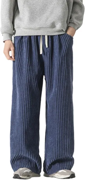 Mens Corduroy Pants Baggy Wide Leg Loose Fit Drawstring Elastic Waist Sweatpants Vintage Pants