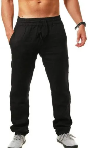 Mens Cotton Linen Pants Elastic Waist Drawstring Lightweight Summer Loose Hippie Yoga Beach Pants Trouser with Pocket