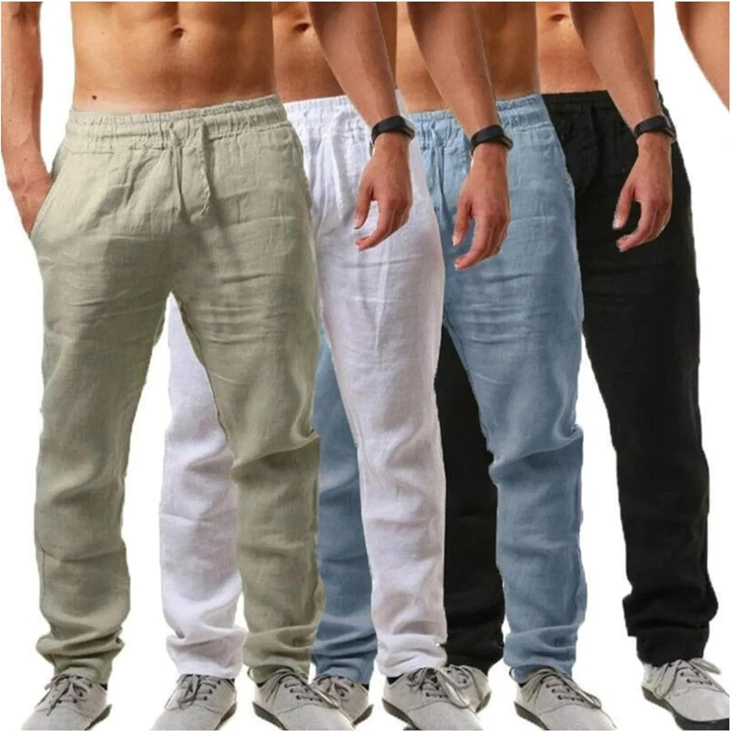 Mens Cotton Linen Pants Elastic Waist Drawstring Lightweight Summer Loose Hippie Yoga Beach Pants Trouser with Pocket