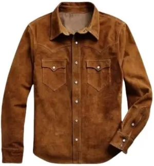 Men's Cowboy Western Soft Suede Leather Shirt - Roughout Style Suede Leather Journeyman Down Shacket Jacket