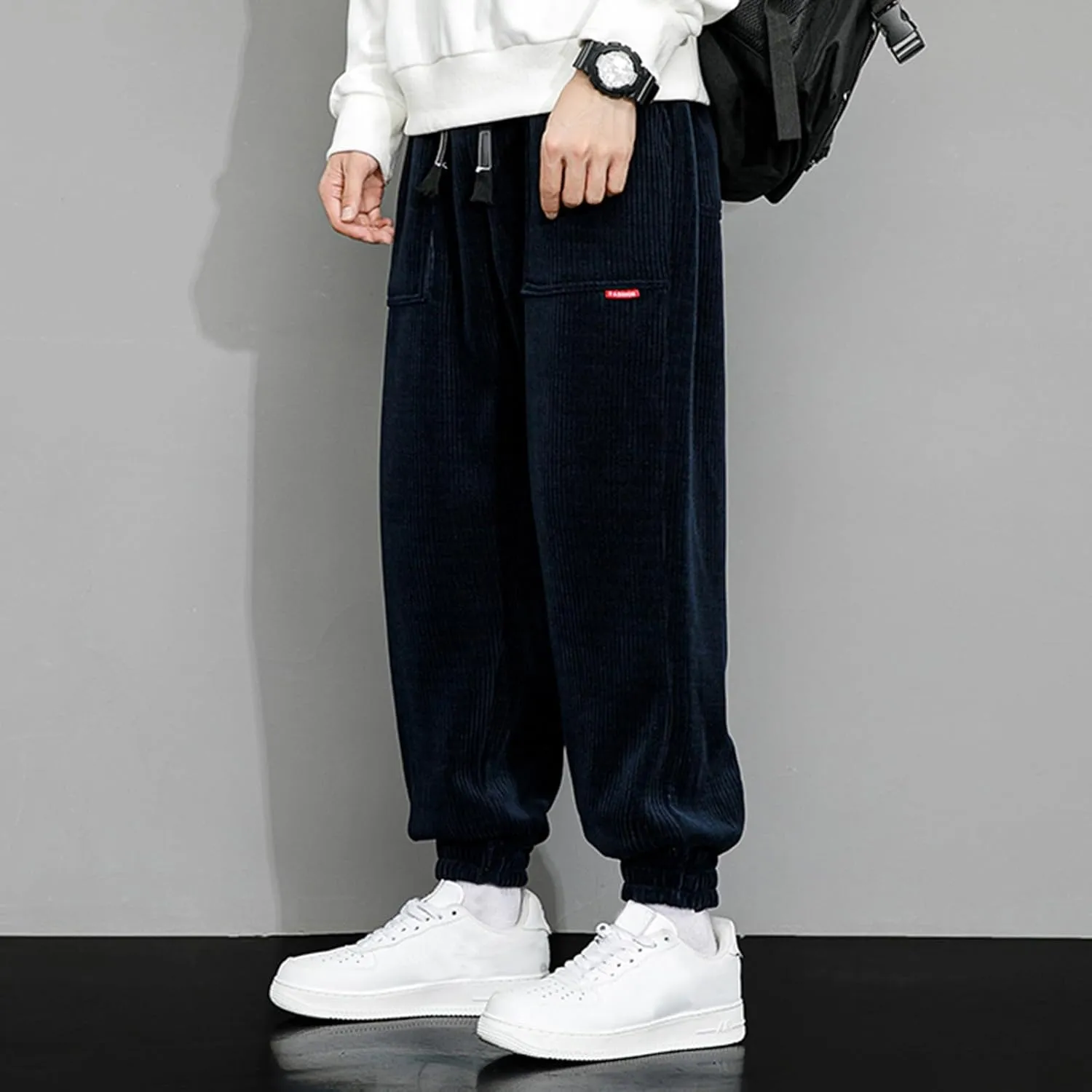 Men's Fall Corduroy Joggers Cargo Pants Drawstring Elastic Waist Baggy Tapered Causal Cuffed Trousers with Pockets