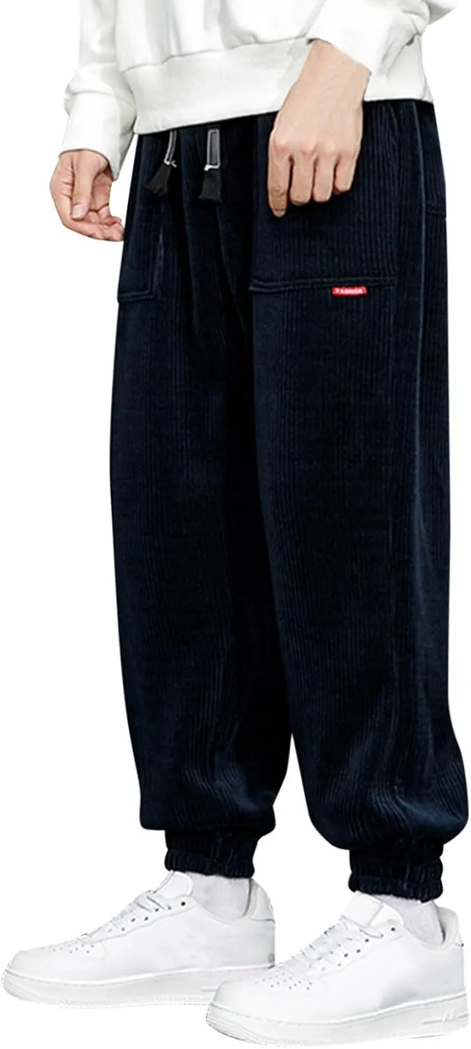 Men's Fall Corduroy Joggers Cargo Pants Drawstring Elastic Waist Baggy Tapered Causal Cuffed Trousers with Pockets