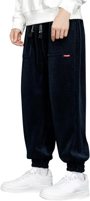 Men's Fall Corduroy Joggers Cargo Pants Drawstring Elastic Waist Baggy Tapered Causal Cuffed Trousers with Pockets