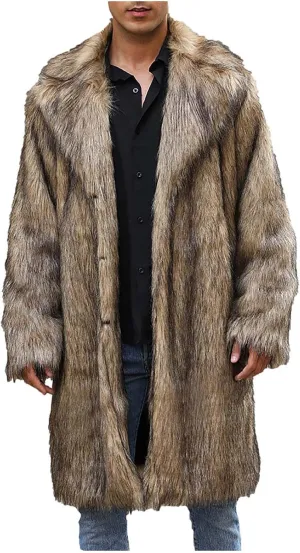 Men's Faux Fur Coat Long Open Front Cardigan Winter Fuzzy Fleece Jacket Warm Overcoat Turn Down Collar Coat