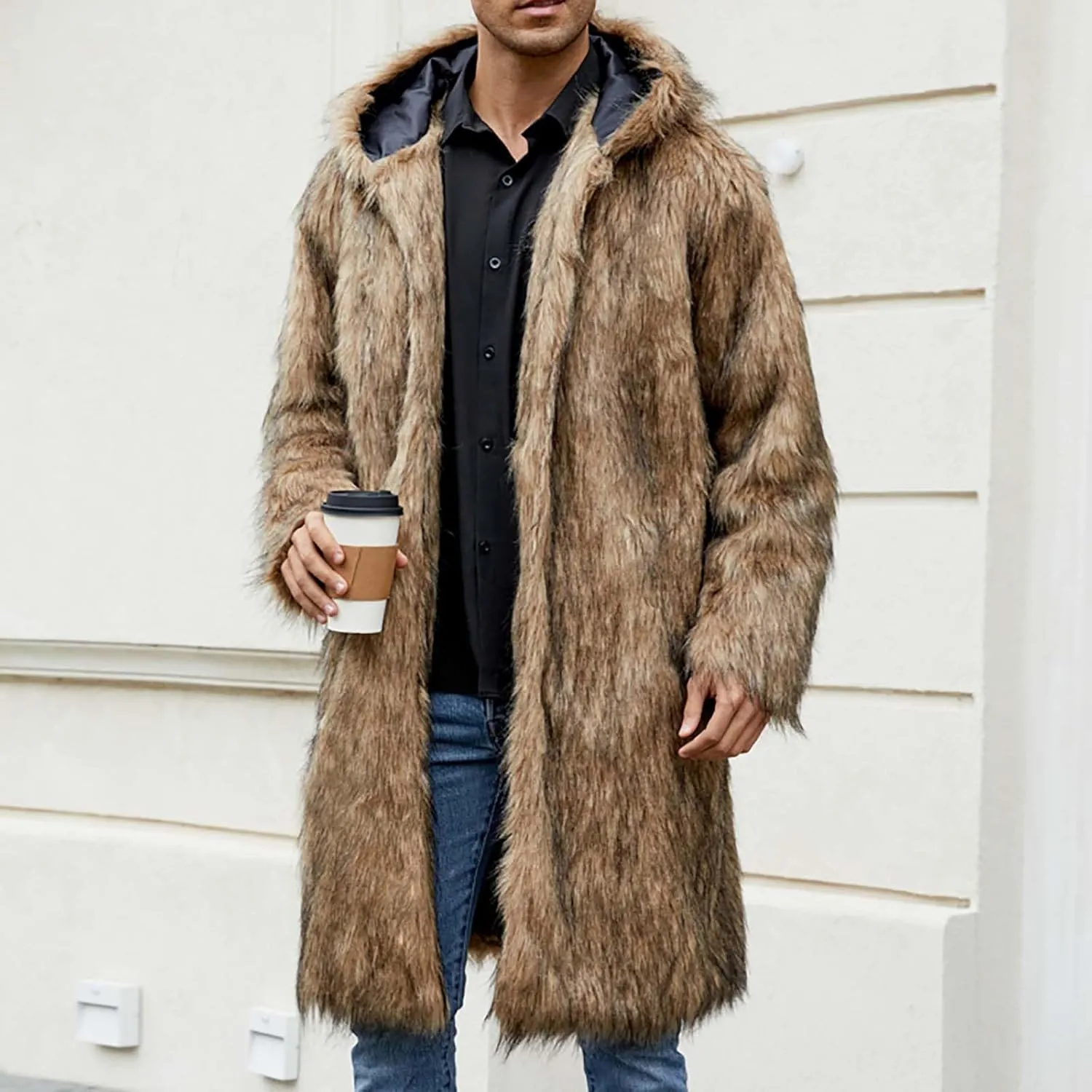 Men's Faux Fur Coat Long Open Front Cardigan Winter Fuzzy Fleece Jacket Warm Overcoat Turn Down Collar Coat