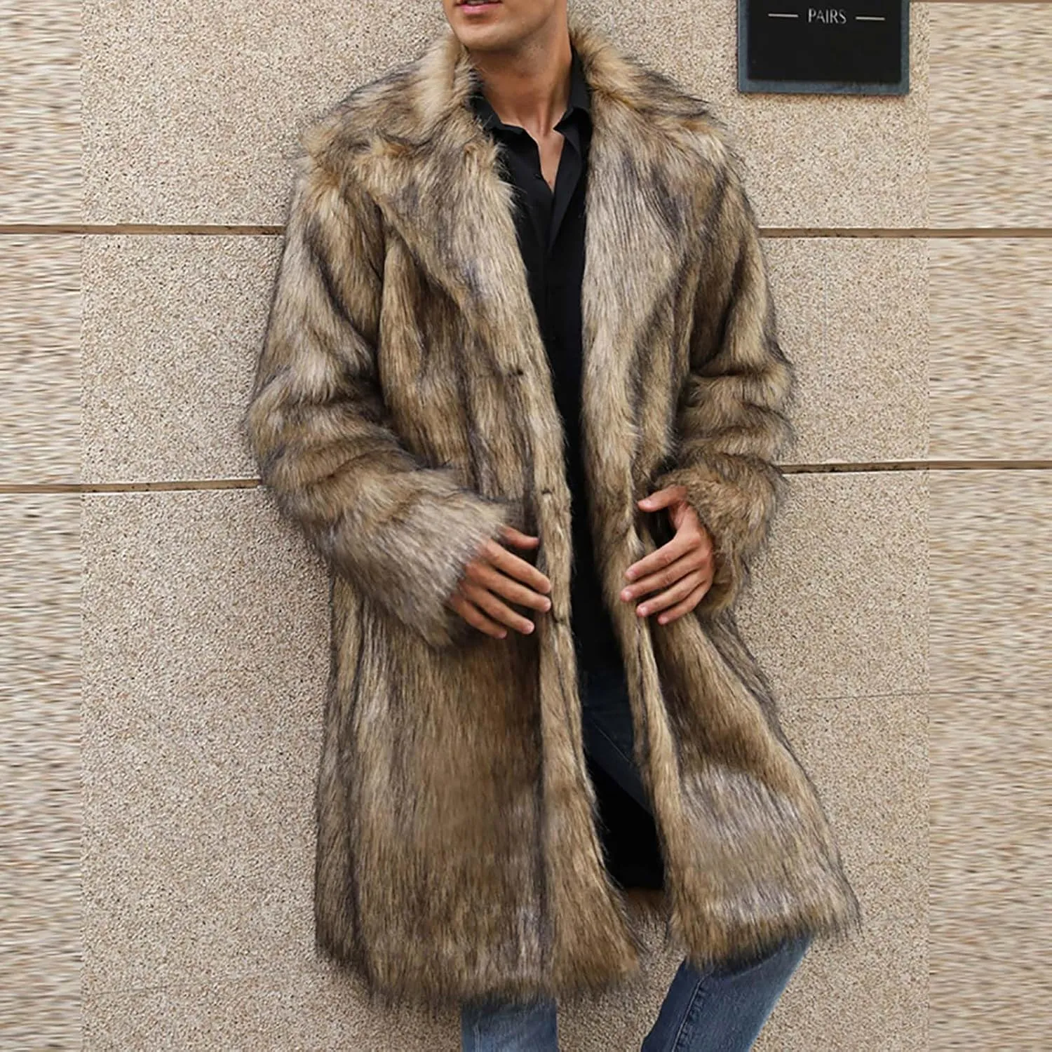 Men's Faux Fur Coat Long Open Front Cardigan Winter Fuzzy Fleece Jacket Warm Overcoat Turn Down Collar Coat