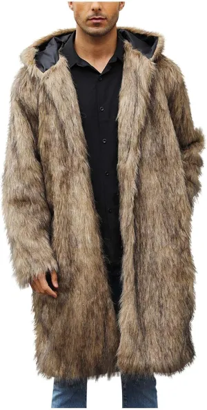 Men's Faux Fur Coat Long Open Front Cardigan Winter Fuzzy Fleece Jacket Warm Overcoat Turn Down Collar Coat