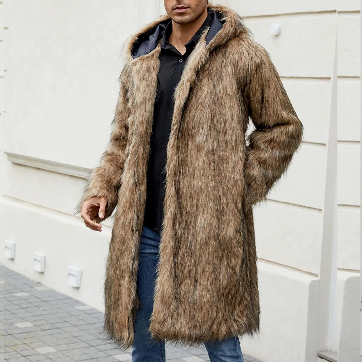 Men's Faux Fur Coat Long Open Front Cardigan Winter Fuzzy Fleece Jacket Warm Overcoat Turn Down Collar Coat