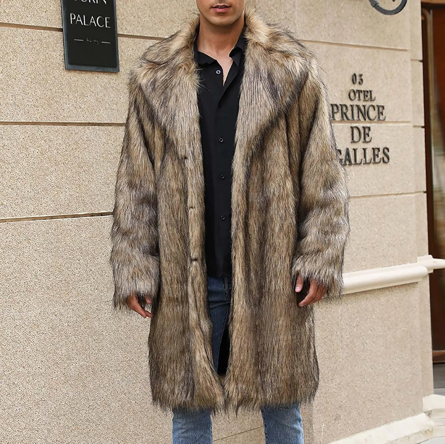 Men's Faux Fur Coat Long Open Front Cardigan Winter Fuzzy Fleece Jacket Warm Overcoat Turn Down Collar Coat